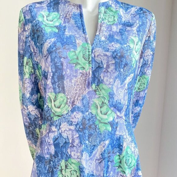 Vintage Abstract Floral Rose print Blue Green Long  Sleeve Maxi M - Picture 3 of 8